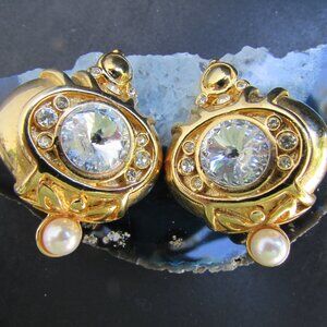 Vintage Bijoux Design New York Gold Tone Rivoli Clip On Earrings 1 3/4"